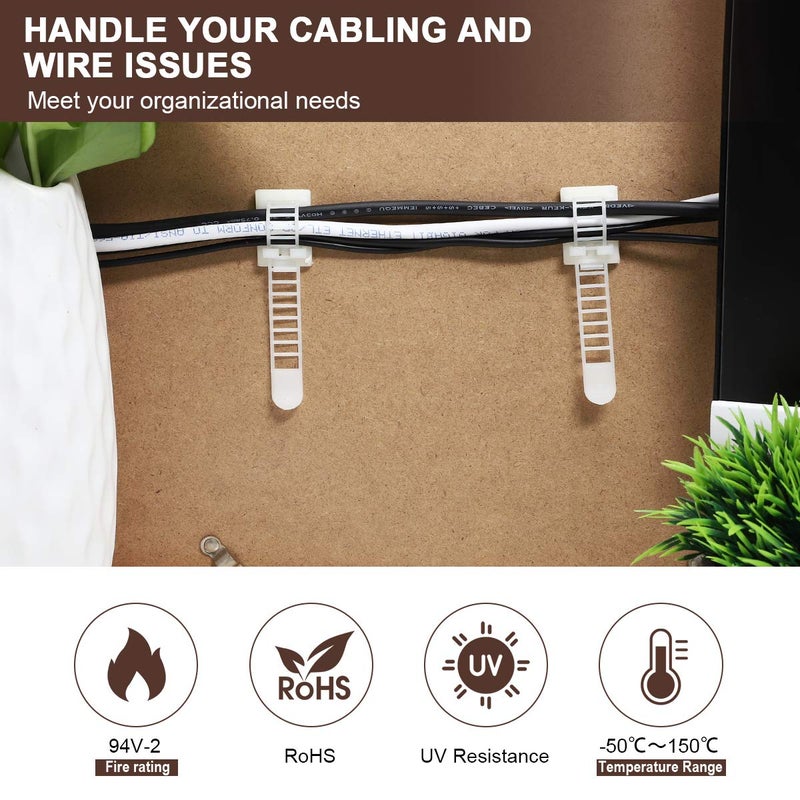 VAMRONE 50Pcs Adhesive Cable Management Clips with 50Pcs Zip Ties, Adjustable Nylon Cable Strap Ties Wire Clips Clamps Organizer, Extra Screw & Hole - 3.35 Inch White - Image 2